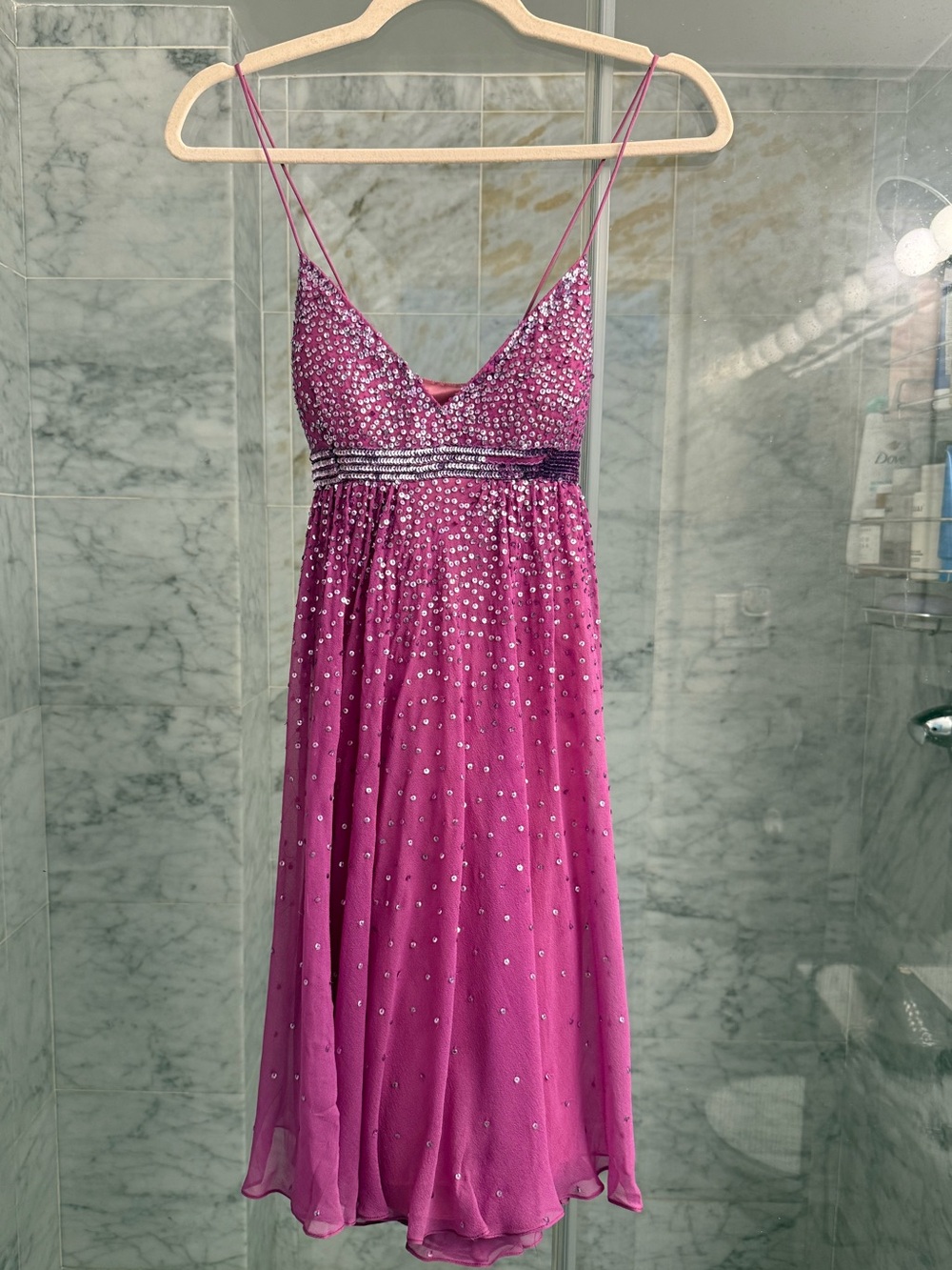 Aidan Mattox Fuchsia Sequin-Embellished Spaghetti Strap Dress